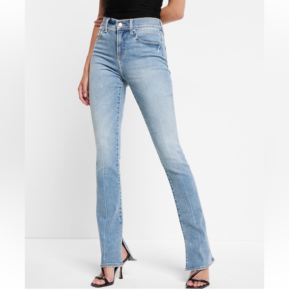 Express Light Blue High-Rise Flare Jeans with Front Slit
